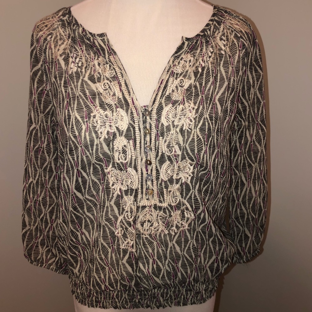 Anthropologie Daniel Rainn Sheer Long Sleeve Elasticized Banded Waist Blouse